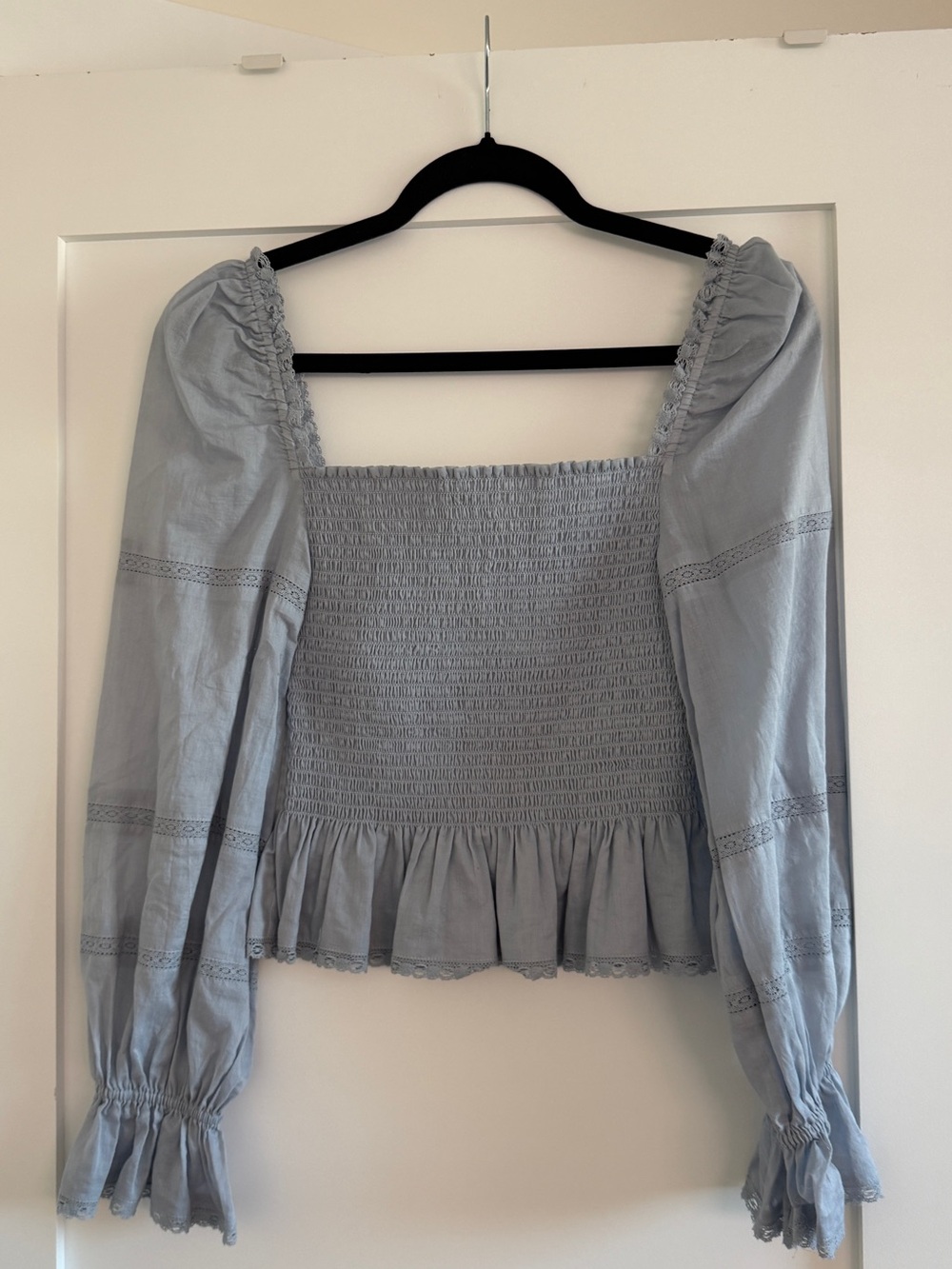 Reformation Light Blue Smocked Square-Neck Long Sleeve Top